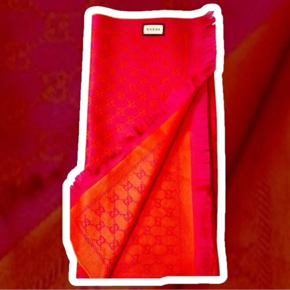 NWT Gucci Orange x Pink Jacquard GG Monogram Logo Wool Scarf - Picture 2 of 5